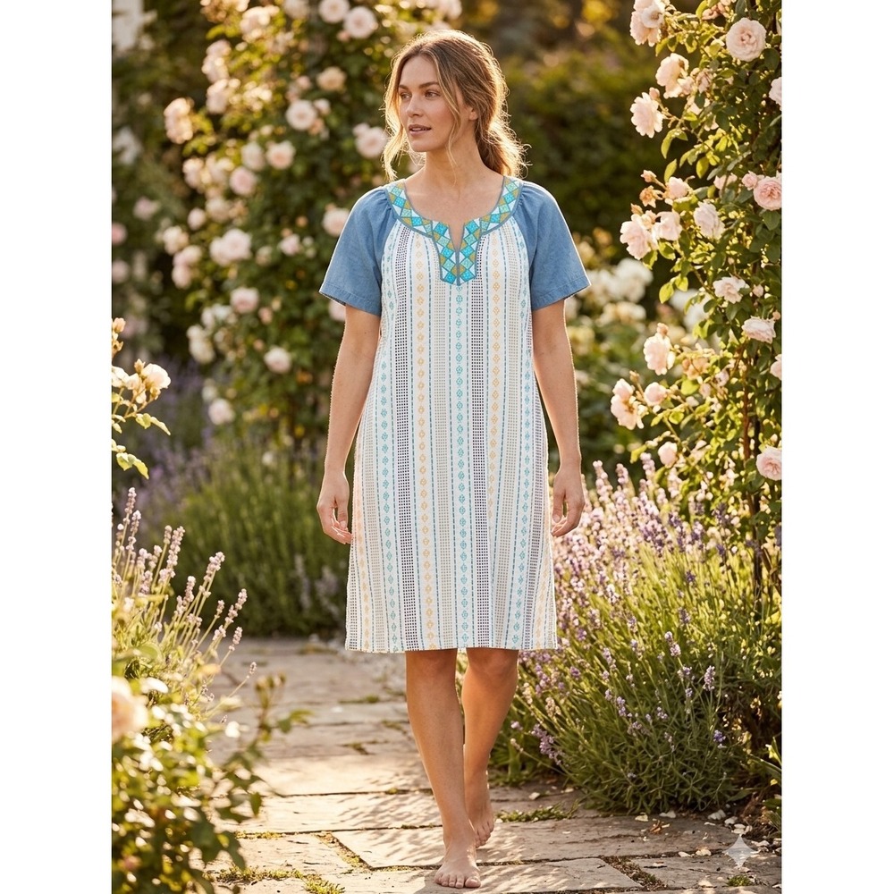 Go Softly Patio Dress L Cotton Embroidered Boho Coastal Shift Womens